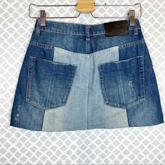 EUC One Teaspoon 2020 Medium Wash Two-Tone Distressed Denim Mini Skirt - Picture 5 of 12